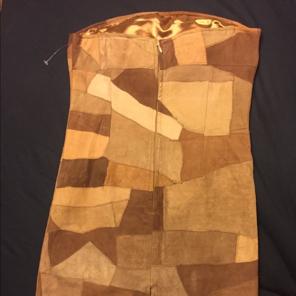 Suede Multicolor Brown Patchwork Strapless Dress - image 3